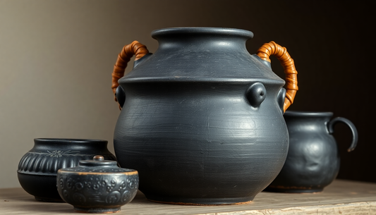 longpi black pottery with cane handles