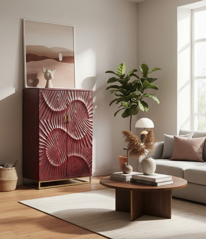 Handcrafted home bar furniture with multiple compartments for bottles, glasses, and accessories in a stylish brown finish