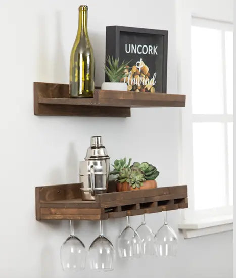 Rustic Solid Mango Wood Wall-Mount Bar Cabinet Set