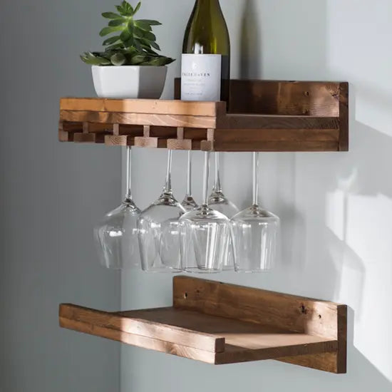 Rustic Solid Mango Wood Wall-Mount Bar Cabinet Set