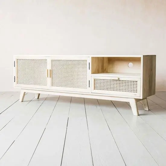 Elegant Whitewash Mango Wood TV Cabinet with Cane Detailing