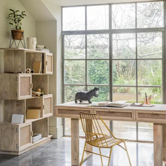 Atlanta Bookshelf Solid Mango Wood Zigzag Bookcase with Cane Doors