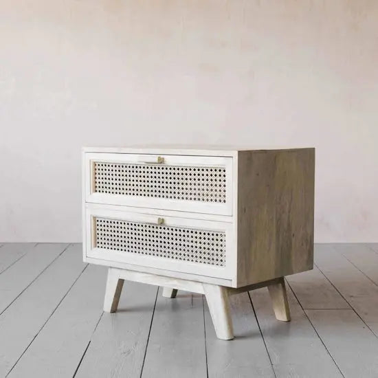 Atlanta Solid Mango Wood Two-Drawer Bedside Table with Cane Front