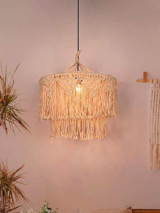 Bohemian Natural White Macrame 2-Tier Drum Pendant Light for Home Decor