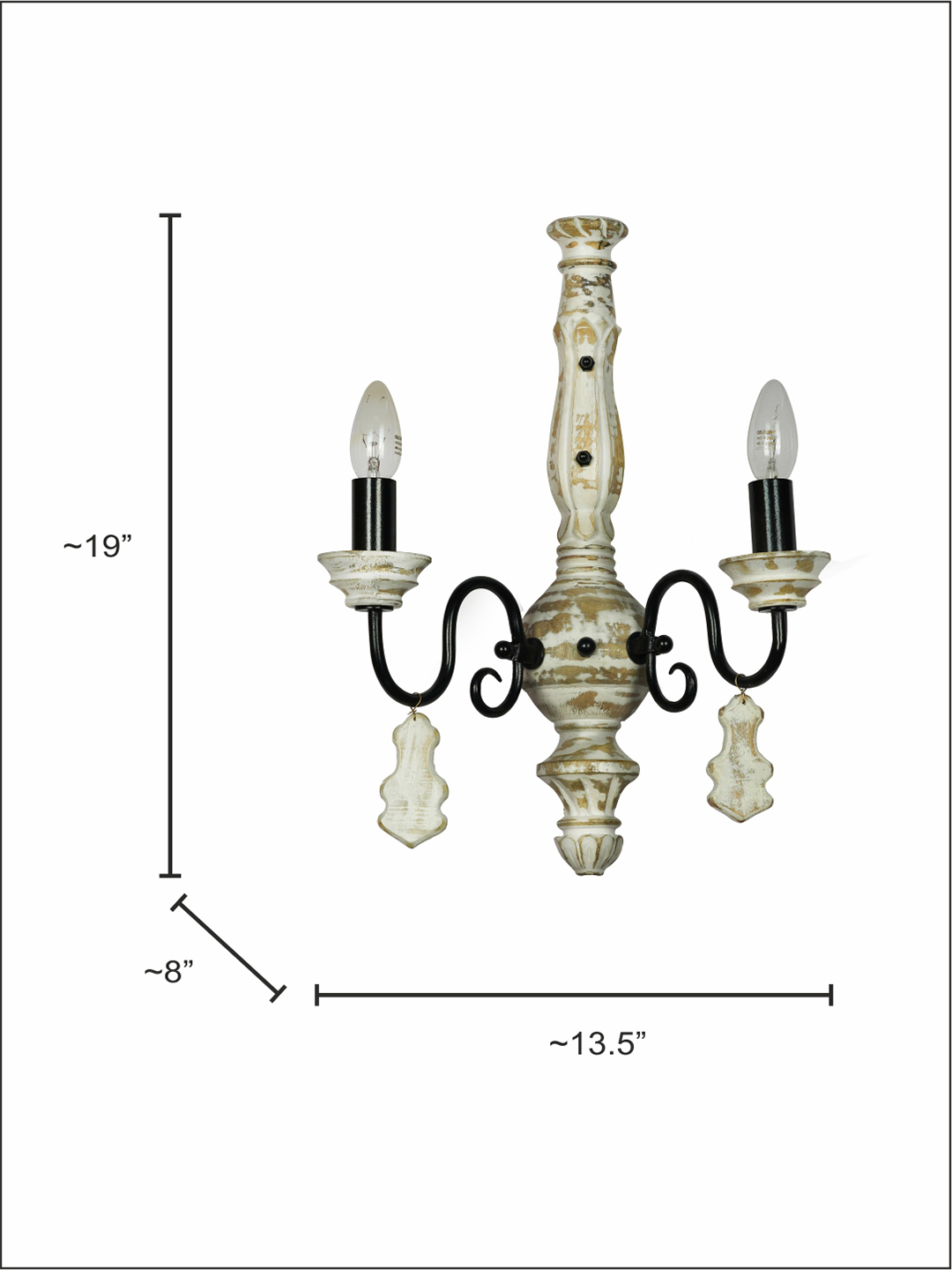 Chic French White Distressed Wooden 2-Light Rustic Candelabra Wall Sconce