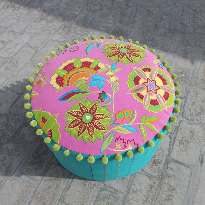 Bright Pink Embroidered Floral Pouf Cover with Turquoise Sides