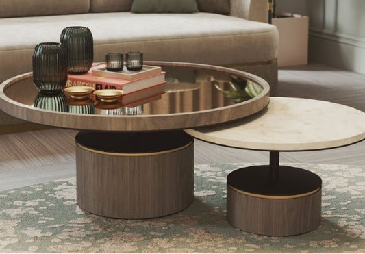 Stylish Nested Peace Coffee Table Set | Wood Veneer, Marble, Bronze Top