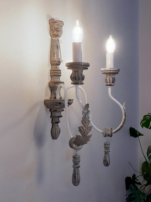 Charming Provincial Distressed Grey Wood Wrought Iron 2-Light Candelabra Wall Sconce
