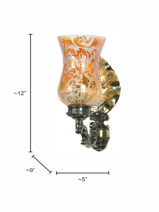 Traditional Betel Leaf Aluminium Wall Sconce with Golden Etched Glass Design