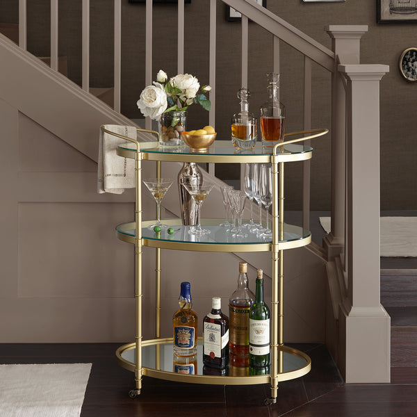 Luxurious Antique Gold Finish Rolling Bar Cart with Glass Shelves