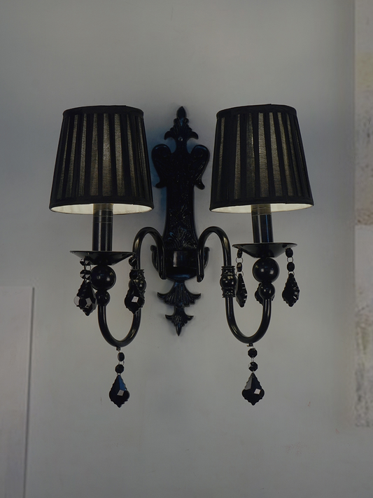 Absolute Black Elegant 2-Light Wall Sconce with Pleated Shades and Crystals
