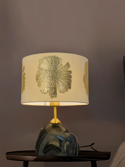 Elegant Black Marble Table Lamp with Gold Embroidered Ivory Drum Shade