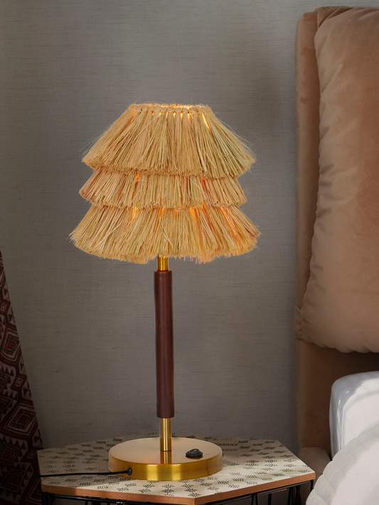 Handcrafted Bohemian Table Lamp with Munja Hay Shade, Wooden Base, E27 Holder