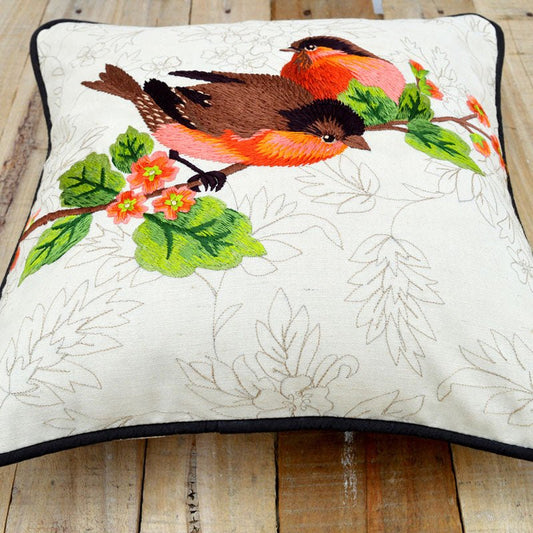Embroidered Love Birds Cotton Throw Pillow Cover Off‑White