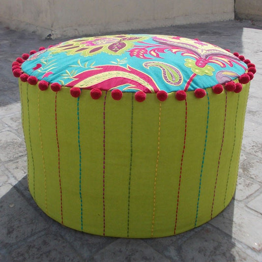 Embroidered Turquoise Floral Pouf Cover – 55cm Diameter, 30cm Height