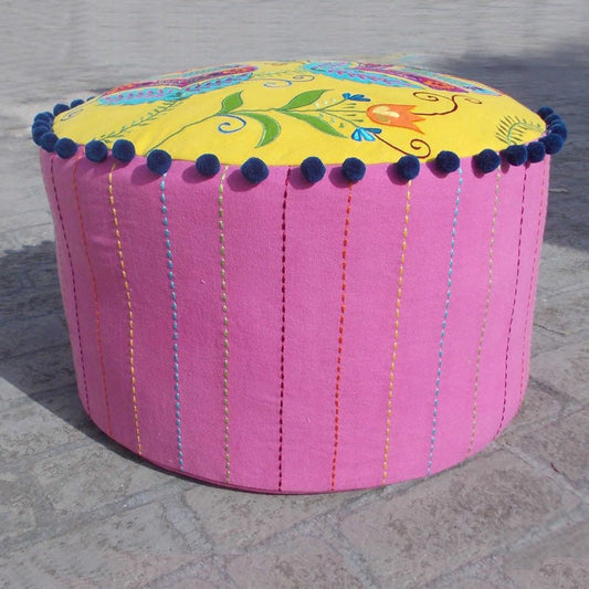 Bright Yellow Embroidered Floral Pouf Cover with Multicolor Accents