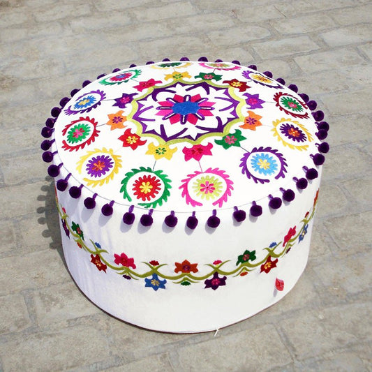 Handcrafted Off White Suzani Pouf Cover with Multicolor Embroidery