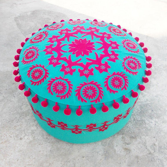 Turquoise Bohemian Suzani Pouf Cover with Pink Pompoms – 55x30 cm