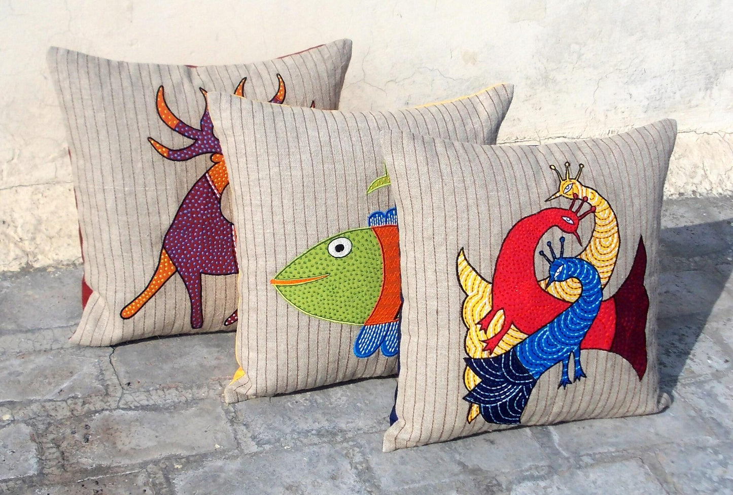 Gondal Art Linen Pillow Cover with Peacock Motif Handcrafted 16x16