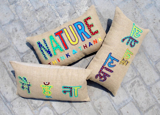 Love Pillow Talk Boho Linen Cover with Rajasthan Embroidery