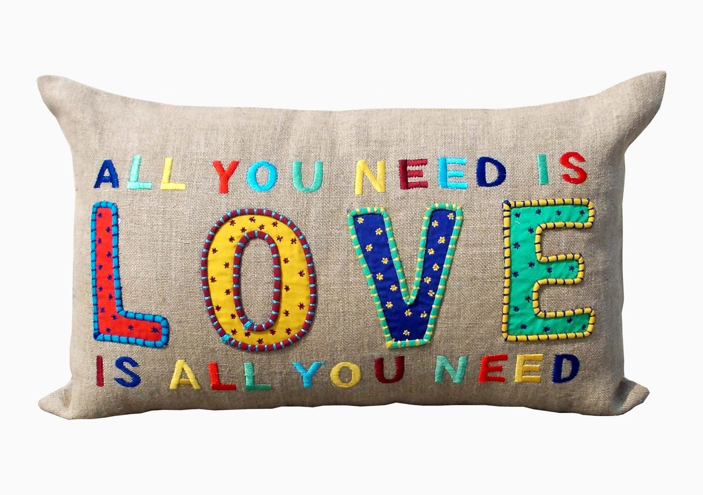 Pillow Talk LOVE Boho Linen Pillow Cover with Vibrant Rajasthan Embroidery