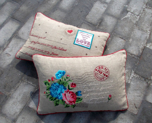 Vintage Postcard Style Linen Valentine Pillow Cover with Rose Embroidery