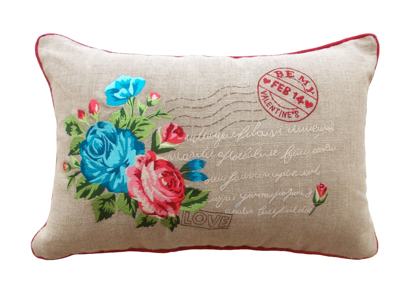 Vintage Postcard Style Linen Valentine Pillow Cover with Rose Embroidery