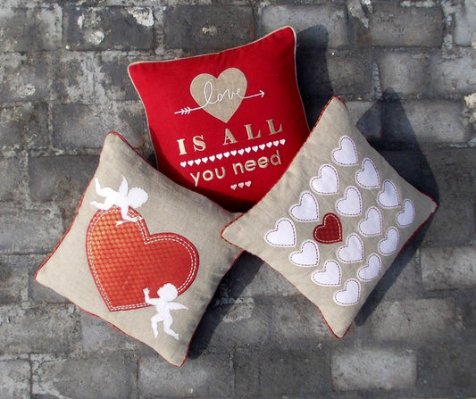 Valentine Hearts Linen Pillow Cover with Red Brocade – 3 Sizes