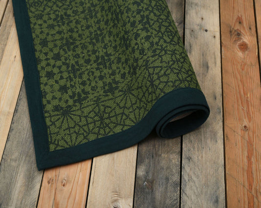 Green Geometric Trellis Cotton Rug | Distressed Print | Handmade in India