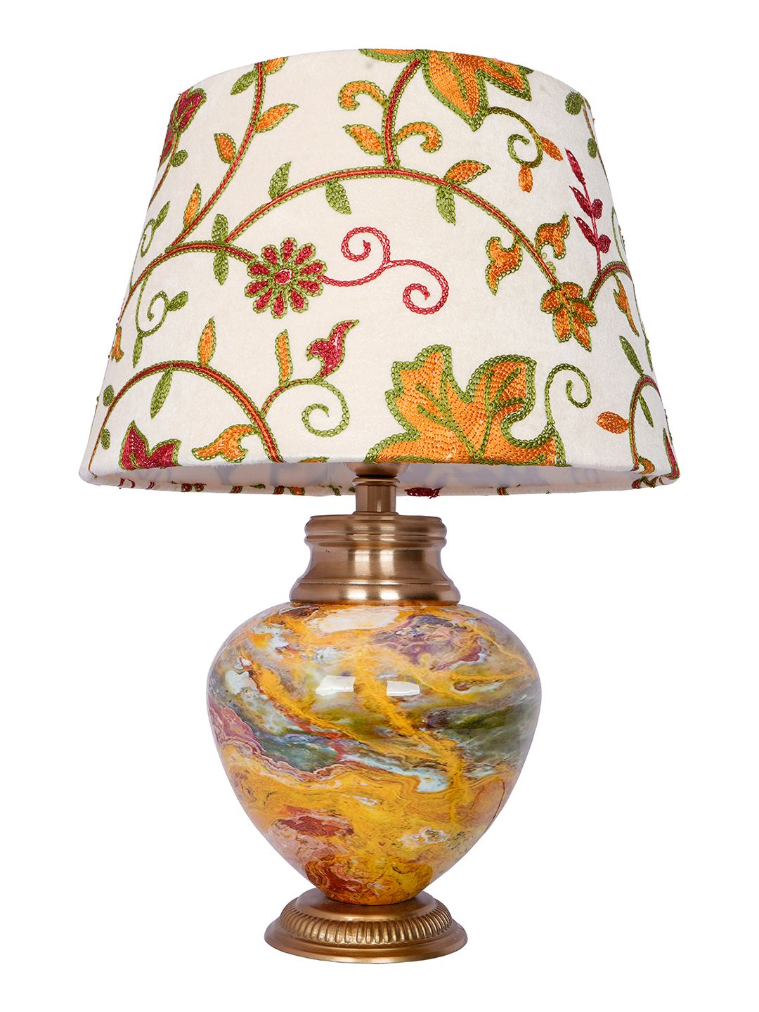 Exquisite Kashmiri Embroidered Shade Table Lamp - Metal Red Stone Pot Design