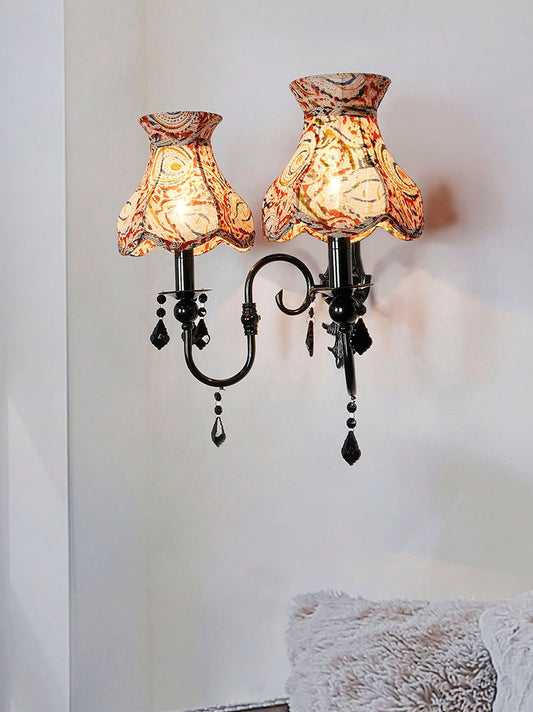 Elegant Black Double Wall Sconce with Kalamkari Shades & Sparkling Crystals