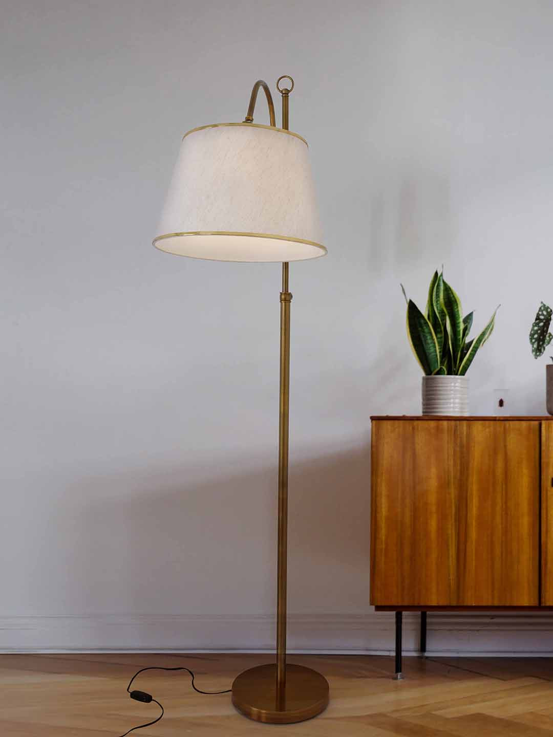 Gold Adjustable European 62 Inch Steel Downlight Study Lamp Floor Light With White Textured Gold Rim Fabric Shade