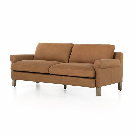 Camille Cushion Sofa Premium Camel Leather Solid Wood 3-Seater