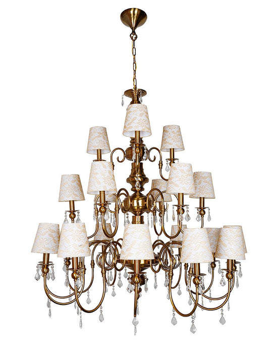 Grand Brass Antique 21-Light Chandelier, Crystal & Lace Shades, Mid-Century European Style