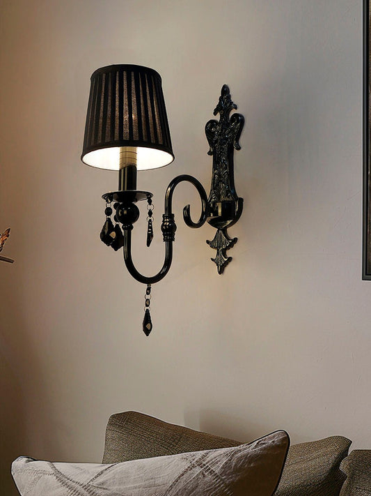 Elegant Black Crystal Wall Sconce with Pleated Fabric Shade for Modern Homes
