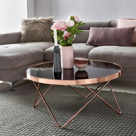 Dyon Elegant Copper Rose Gold PVD Steel Black Glass Coffee Table