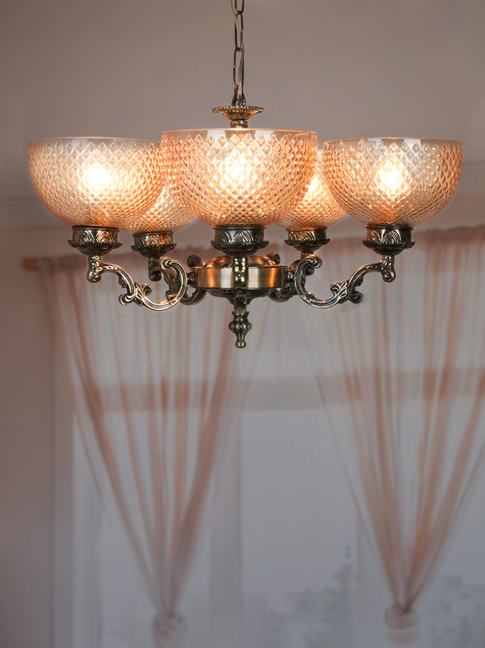 Traditional Ornate Aluminium 5-Light Chandelier with Golden Textured Glass Shades