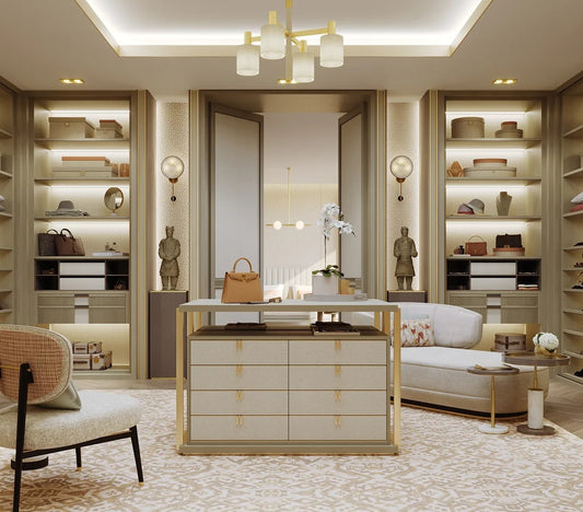 Luxurious 8-Drawer Wooden Chest, Polished Steel Handles, Faux Leather Accents