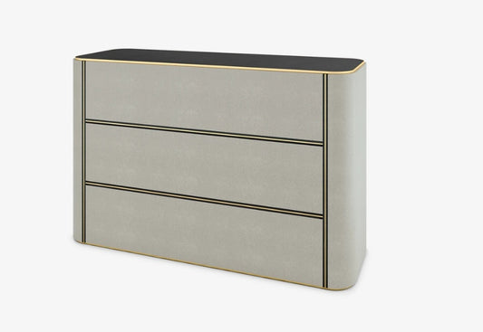 Modern Japan Faux Leather 3-Drawer Chest: Brass Accents, Curved Design Storage