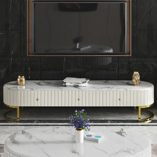Elegant White Marble Top TV Unit with Gold Metal Base and 3 Drawers