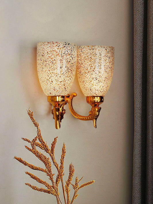 Opulent Gold Double Wall Sconce with Multicolor Speckled Glass Shades