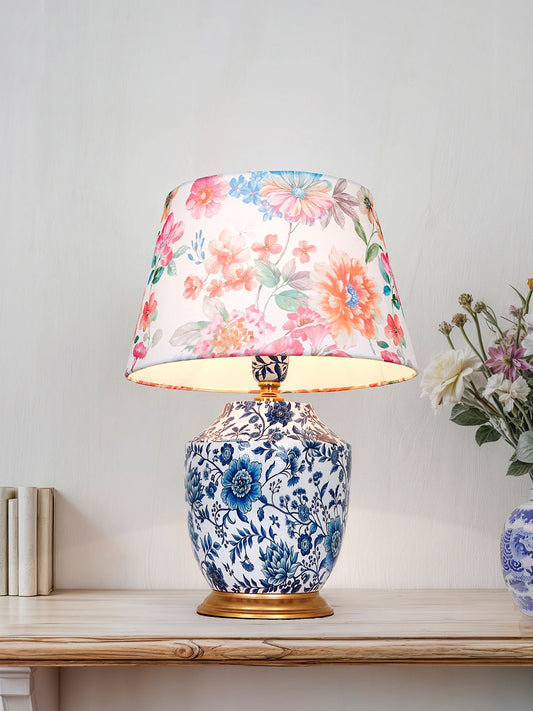 Charming Eclectic Blue Pottery Print Table Lamp with Floral Fabric Shade
