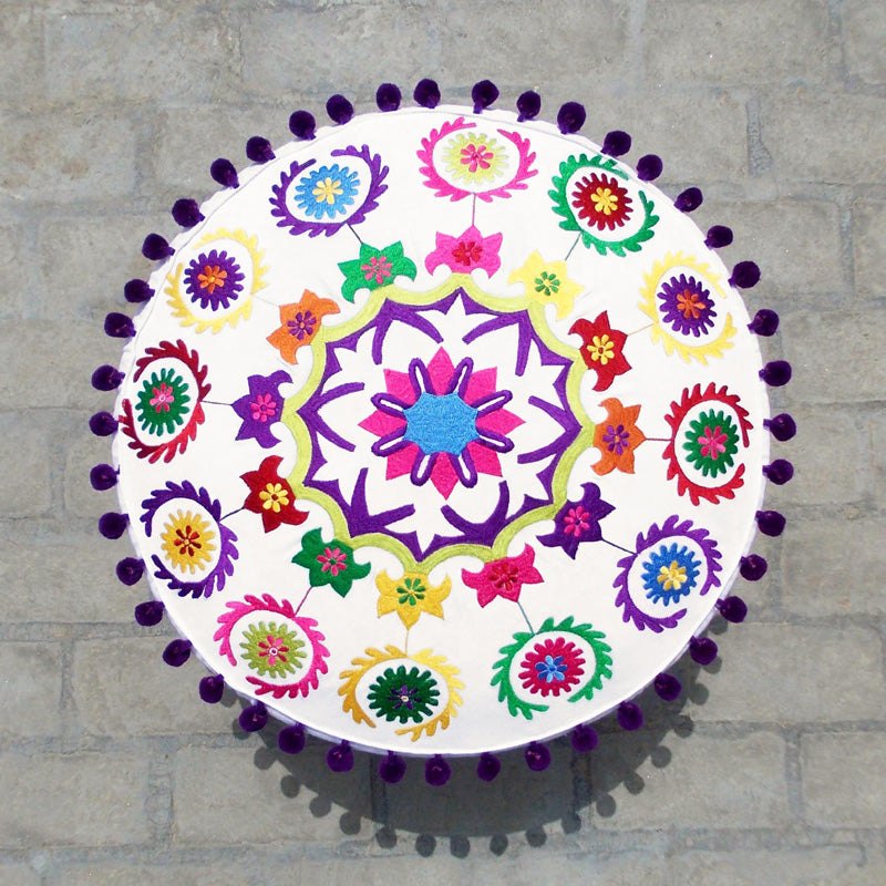 Handcrafted Off White Suzani Pouf Cover with Multicolor Embroidery