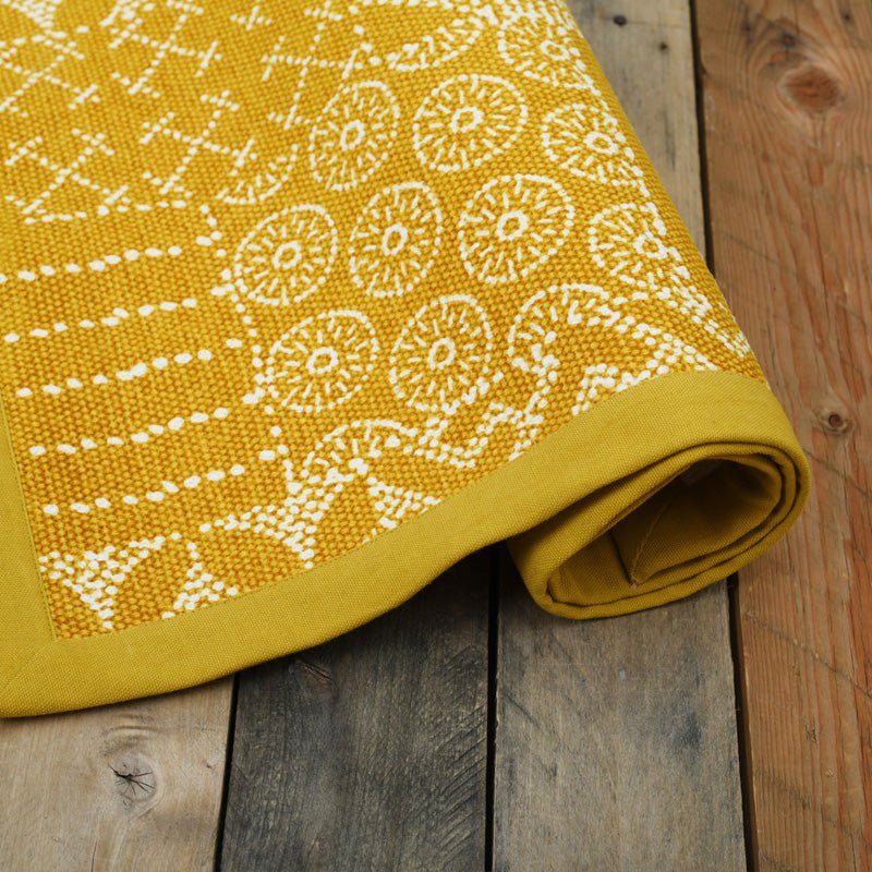 Mustard Geometric Cotton Printed Rug – Handcrafted 24x36 Inch