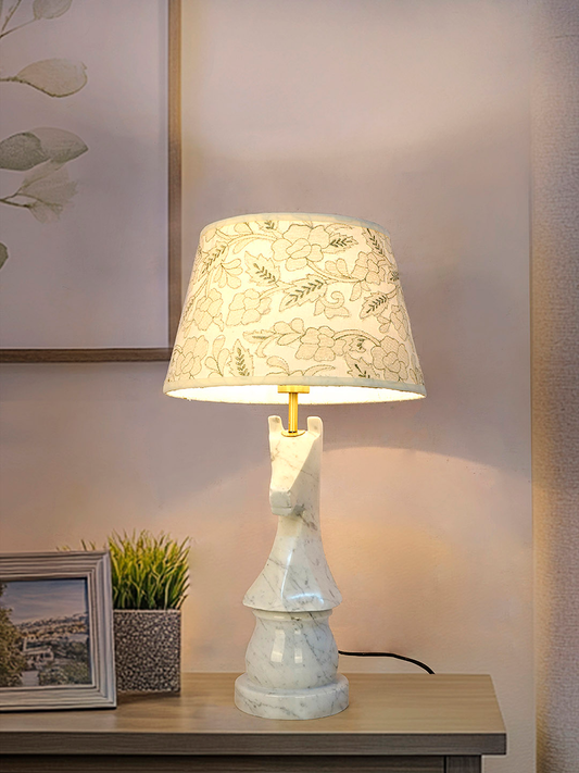 Statuario Marble Chess Knight Table Lamp with Embroidered Drum Shade