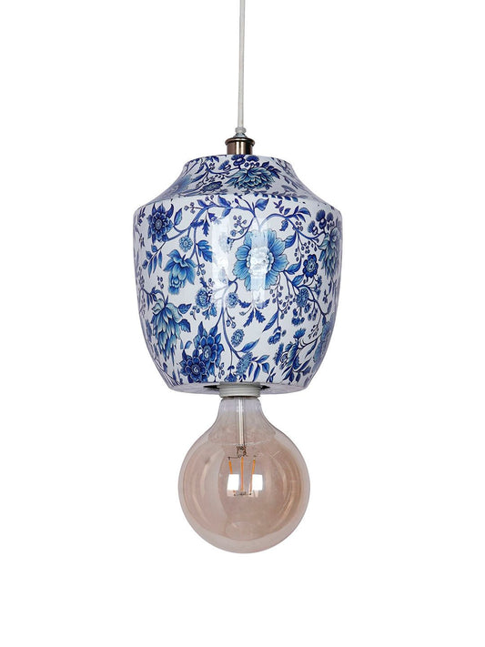 Elegant Chinoiserie Blue White Floral Metal Jar Pendant Light for Home Decor