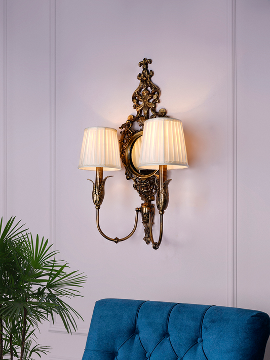 Opulent Antique Brass Wall Lamp with Mirror, Pleated Chiffon Shades