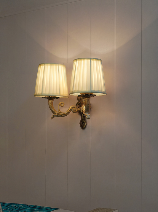 Opulent Golden White Double Wall Sconce with Pleated Ivory Fabric Shade