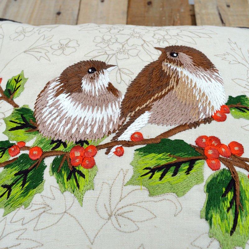 Embroidered Love Birds Cotton Pillow Cover – Off-White Decorative Throw