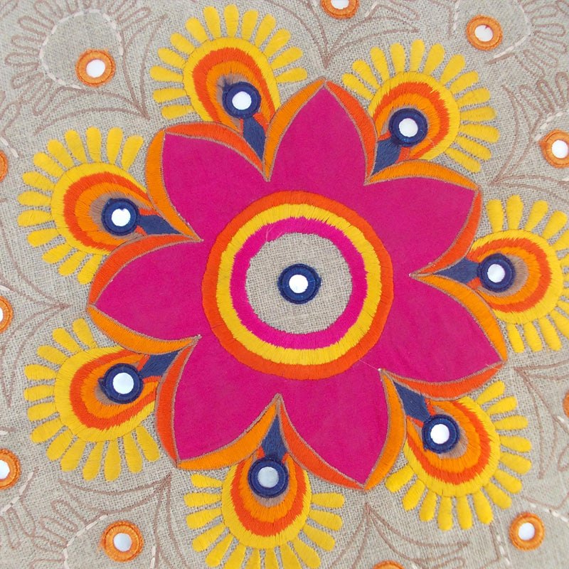 Handcrafted Bohemian Linen Pouf Cover with Multicolor Embroidery
